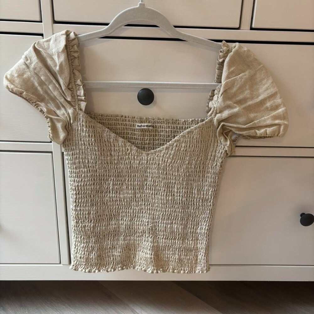 Reformation Cream Smocked Blouse